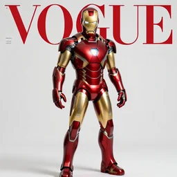 iron man fashion. pose, studio photo in the 7 0's. vogue magazine cover with text. highly detailed