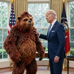 sasquatch visits joe biden at the oval office, photorealistic, ultra hd, 4 k, award winning, patriotic