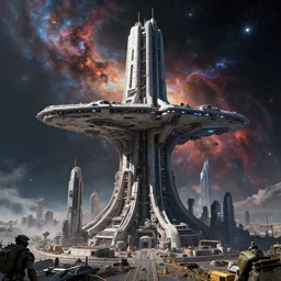 cinematic scifi render of a 3 d sculpt of a cyberpunk john harris aircraft carrier megalithic space dock tower structure city in space, beeple, halo, star wars, ilm, star citizen, halo, mass effect, high tech industrial, artstation unreal, dramatic powerful nebula