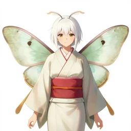 A moth woman with white fur and antennae and humanoid face with large moth wings wearing a kimono, WLOP, digital drawing, trending on Pixiv
