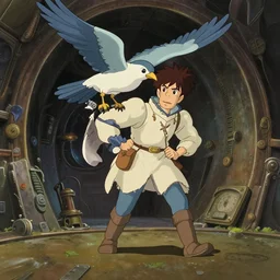 a still frame in anime style, studio ghibli, ivan bilibin, medieval western bible sci - fi illustration of a person morphing into a bird, space station interior