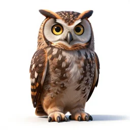 spotted owl, stylized pixar-style 3d render, full body, isolated on a pure white background, centered, entire subject in frame, sharp focus, soft studio lighting