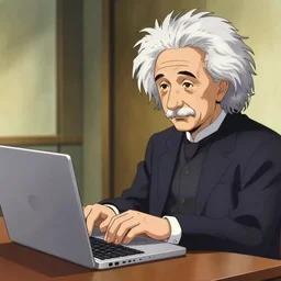 einstein using his macbook pro, ukiyo e