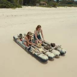 emma watson on a desert island building a raft. beach scene shot taken from a drone.