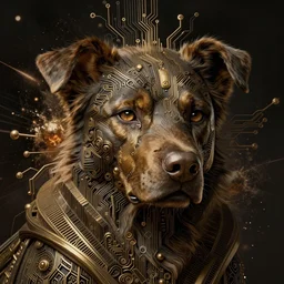 dog as a god, very detailed face, detailed features, fantasy, circuitry, explosion, dramatic, intricate, elegant, highly detailed, digital painting, artstation, concept art, smooth, sharp focus, illustration, art by gustave dore, octane render