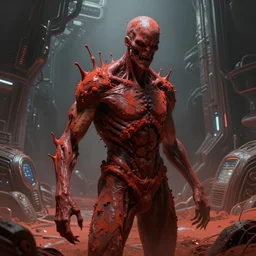 scifi art by Greg Rutkowski, a person infected with a kind of reddish silt that is sprouting from all over his body, violent and vicious appearance, claustrophobic science fiction setting inside a desolate space colony, detailed and intricate environment, high technology, digital painting, artstation, concept art, smooth, sharp foccus ilustration, Artstation HQ.
