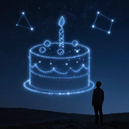 A person at night looking at a constellation in the shape of a birthday cake, fantasy painting