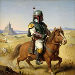 boba fett riding a hobbit in a tundra, renaissance painting