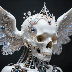 ai biomech i robot, ethereal ultralight skull with crown mechanism, quantum physics, angelic and unsettling, wires, veins, ferrofluid, bismuth, style blend of hideo kojima, shepard fairey, and botticelli, city backdrop is a blend of the vatican, neo - andean architecture and brutalism, 4 k photorealistic, ultra fine inklines