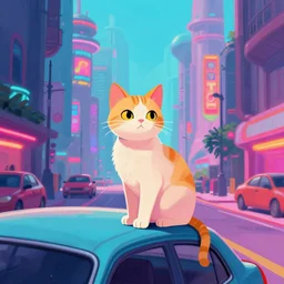A dystopian futuristic city street with a cat sitting on a car, digital painting, Lisa Frank colors