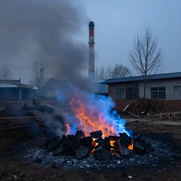 china's rural civilian scattered coal burning emits blue light