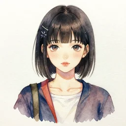 watercolor portrait of Japanese girl, harajuku,