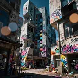 fragmented architecture collage  by atelier olschinsky, cyberpunk, (high contrast), ((oversaturated)), grafitti paint, bokeh, dof, unreal engine