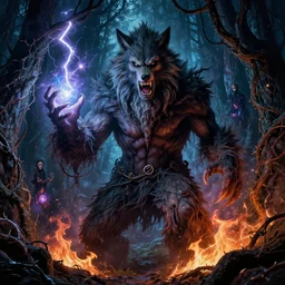 hyperdetailed art nouveau portrait of treebeard as a werewolf, by michael whelan, simon bisley, and bill sienkiewicz, witchcraft, glow of magic powers, eldritch energy, lightning, fire, sparkling mystic bolts, photorealism, night in the forest, thorns, vines, terror, wild, crazy, scary, horror, lynn varley, lovern kindzierski