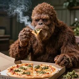 bigfoot smoking weed while eating a pizza