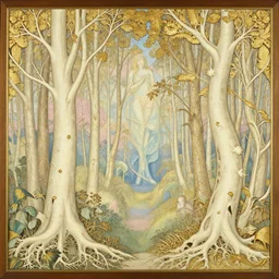 a beautiful ivory and gold filigree forest, daguerreotype by pontormo, by gustave moreau, by Bosch, art noveau, highly detailed, strong lights, liminal, eerie, Bright pastel colors
