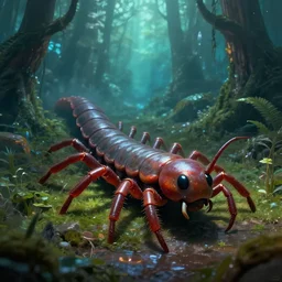 giant centipede in futuristic spiritual mystical post apocalyptic forest by ron gilbert, dim painterly volumetric aquatic lighting, beautiful, crisp, artstation, highly detailed