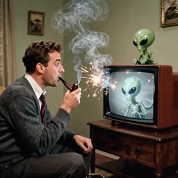 a subgenius with smoking pipe is shocked and sees an alien on his television in his living room. sparks and smoke come out of the television. film still from 1 9 5 0 s sci - fi
