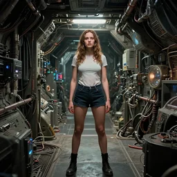movie frame still from live action adaptation of big spaceship bunker woman shorts, directed by steven spielberg, 8 k, vhs glitch, ultra wide angle, high contrast, zenith view, greg rutkowski, intrincate, highly detailed, ilm, oscar winning photography, dramatic lighting, greg nicotero, beautiful image