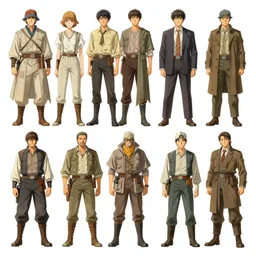 a design sheet of various ancient construction uniform costumes, digital illustration, by yoji shinkawa and takehiko inoue and mœbius