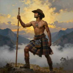 an ethereal dramatic homoerotic painting of a handsome!! shirtless desi mountaineer | he is wearing a plaid kilt and cowboy hat, and holding a wooden pole | triumphant pose | background is mountains and clouds | dramatic lighting, golden hour, realistic, highly detailed | by clyde aspevig, by lawren harris, by paul cadmus | trending on artstation