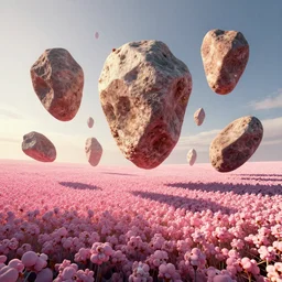 strange rocks floating above a field of pink popcorn, harsh light and long shadows, afternoon sun, detailed digital art by artgerm and WLOP, Greg Rutkowski, Felix Kelly, detailed digital art, lighting dynamic, highly detailed, cinematic lighting, 8k, HD