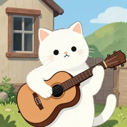 detailed illustration of a white female cat with a black spot on her trunk playing guitar, an old house with a window over a hill, blue sky