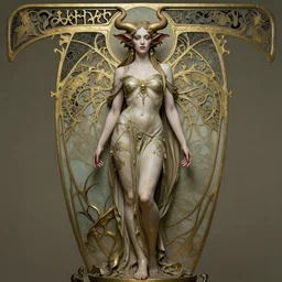 Hyperrealistic female demon portrait, art nouveau , fantasys, full body, elegant, highly detailed, sharp focus, art by Artgerm and Greg Rutkowski and WLOP and felix englund