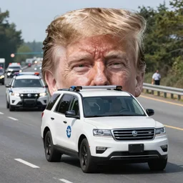 highly detailed face shot of donald trump driving white suv, freeway, police cars, ap news photo