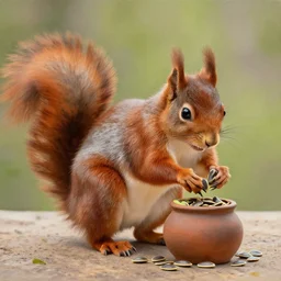 painting of a red squirrel stealing avocado seeds from a pot
