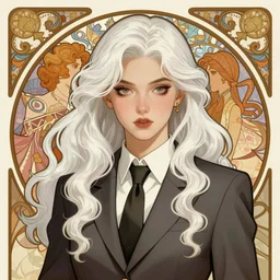 confident demon - girl with long wavy white hair, wearing a suit and tie, intricate illustration by krenz cushart, alphonse mucha, artgerm, trending on artstation