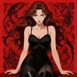 gorgeous woman with brown hair and green eyes, wearing a camisole and boots, red and black color palette, in the style of and ilya kuvshinov and greg rutkowski, high quality anime artstyle, intricate