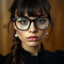 a portrait photograph of a nerdy young woman with big glasses and a black dress, tanned skin tone, dof, sharp focus, highly detailed face, symmetric face, realistic iris, cinestill 8 0 0 t, photography by paolo roversi