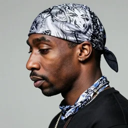 profile portrait of tupac shakur with a bandana by gil elvgren and norman rockwell and rob gonsalves and hajime sorayama, hyperrealistic, high detail, ultra detailed, highly detailed face, ruffled fabric