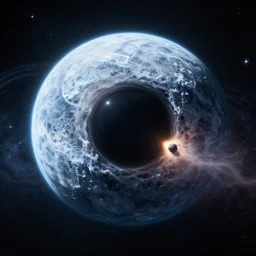 black hole swallowing an ice planet, cinematic, stars, volumetric light, photograph, realistic, hyperdetailed