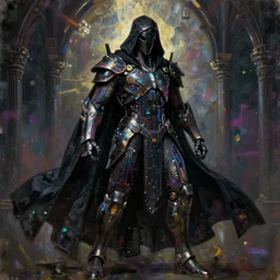 dark cyborg armour made of intricate complex circuitry and microchips, iridescent, black cloak, warrior assassin!!!, black, colorful, intricate linework, gothic baroque, athletic stance, magical, realistic oil painting, artstation, rutkowski, wlop, chebokha, artgerm