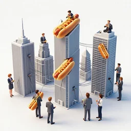 a city made of ambitious business people eating hotdogs as the shapes of its buildings, with crazy cables dangling out of their pockets connecting each others, hr giger, octane render