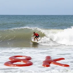 a surfer surfing on a large wave of ketchup, through a sea made of ketchup, on a dunny day, 8 k, wide angle photography