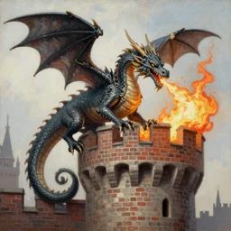 rococo oil painting, a western dragon is breathing fire upon a castle brick tower, high - readability, extremely detailed, sharp image