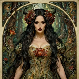 new art nouveau closeup portrait of fantasy flower vargas succubus megan fox wearing a royal dress in an evil forest, malignant, anna dittmann, moebius, wlop, artgerm, patrick nagle!!!, charlie bowater and loish. long windblown hair, ultrasharp focus, dramatic lighting, barbwire vine arches, octane, matte painting, intricate, d & d, poster
