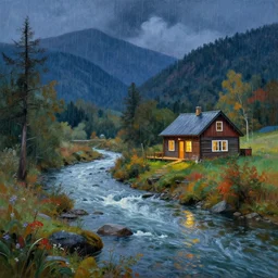 a river running past a cozy cabin in mountain side, night, heavy rain, colorful, classic painting, award winning, highly detailed
