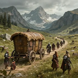 a dwarven caravan travelling through the mountains with a large wagon, armored guards and merchants | hyperdetailed | d&d | lord of the rings | ralph horsley | wayne reynolds |