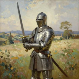 full frame portrait of a knight holding up is sword, countryside, daytime, beautfull oil painting by heinrigh vogeler,