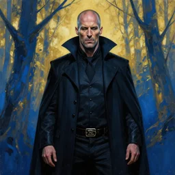 horror art, jason statham vampire hunter, blue and gold trees in the background, art by ismail inceoglu