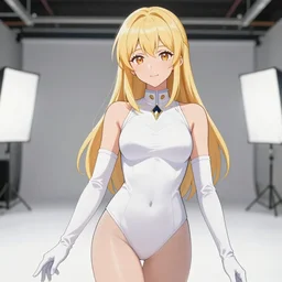 Worksafe. Pixiv manga sketch Illustration,close-up blonde princess posing in empty photo studio,wearing white leotard,white elbow gloves,choker,pantyhose tights.Accurately shaped face, contour lines.Anime style at Pixiv,Danbooru and ArtStation,by krenz cushart,makoto shinkai,tony taka,ilya kuvshinov,shirow masamune,8K HD,clean image,very sharp,high contrast,bokeh