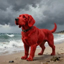 clifford the big red dog storming the beaches of normandy in world war two, historical photograph painted by zdzisław beksinski