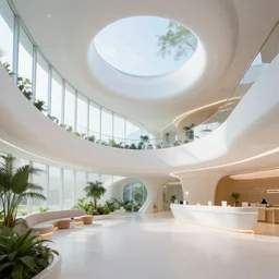 healing hospital beautiful natural architecture, clean, groovy interior, ethereal, futuristic
