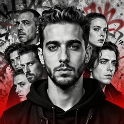 highly detailed closeup art portrait of rami malek, elliot alderson, black hoody by atey ghailan, by greg rutkowski, by greg tocchini, by james gilleard, by joe fenton, by kaethe butcher, gradient red, black and white color scheme, grunge aesthetic!!! ( ( graffiti tag wall background ) )