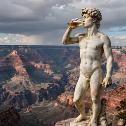 the statue david from michelangelo drinking a beer, looking at the grand canyon