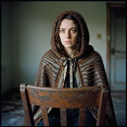 a closeup portrait of a woman wearing a cloak made of rusted nails and ribbons, staring at an empty chair, derelict home, photograph, by vincent desiderio, canon eos c 3 0 0, ƒ 1. 8, 3 5 mm, 8 k, medium - format print